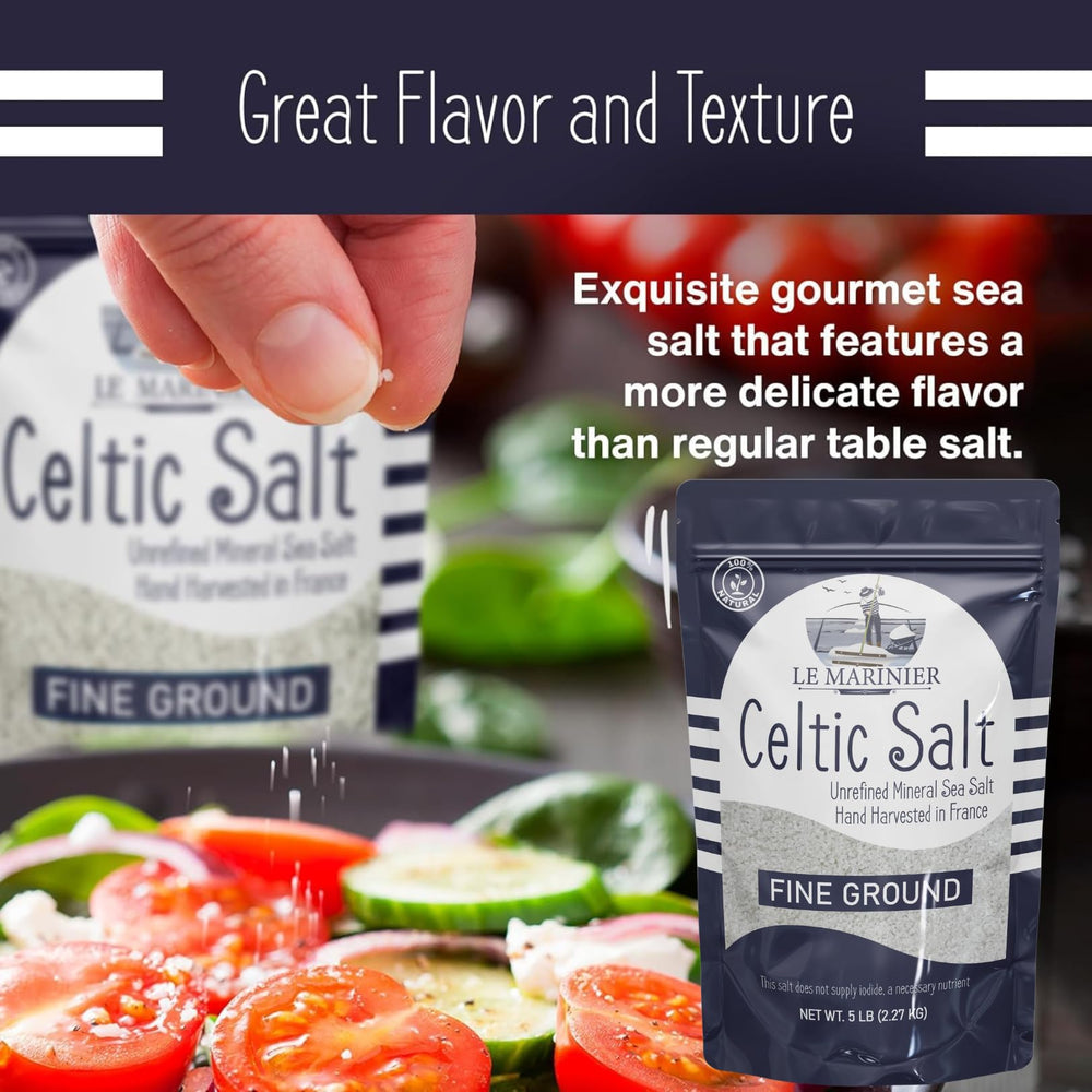 Pouring Le Marinier Celtic Salt from the bottle for controlled seasoning