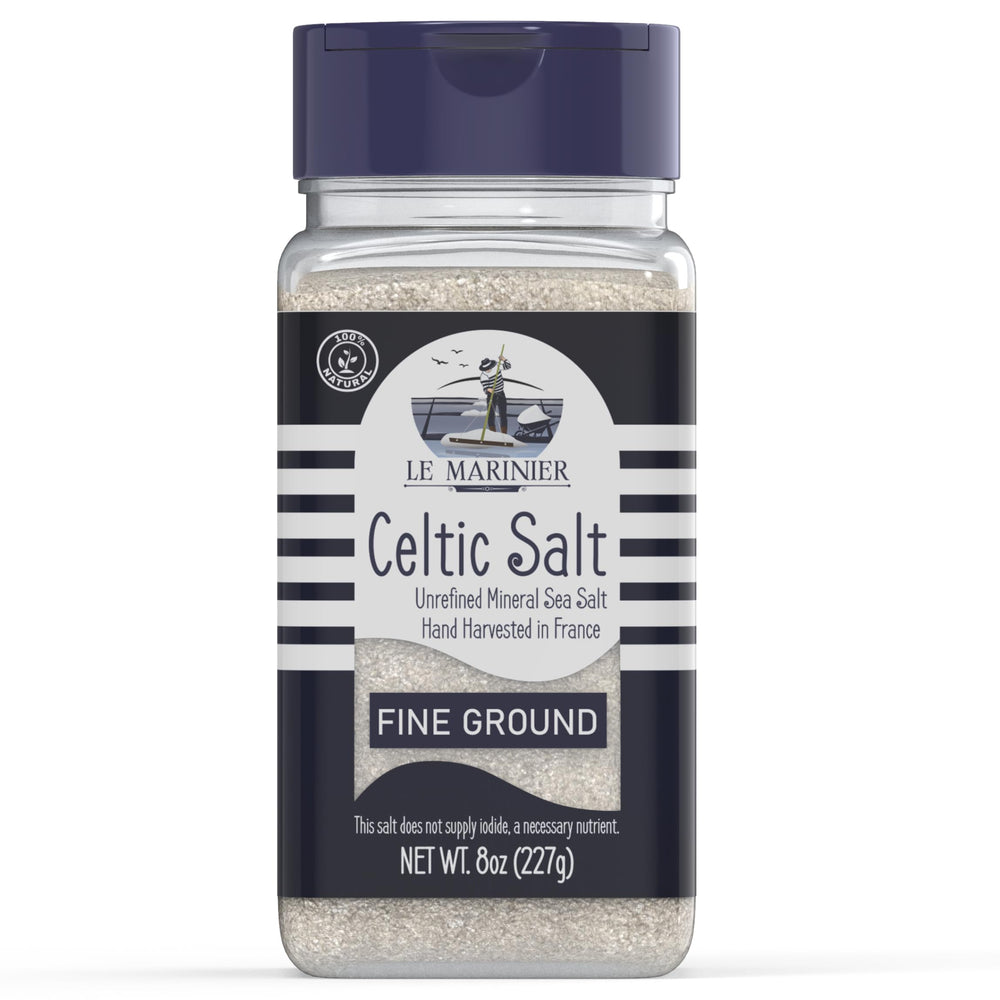 Le Marinier Celtic Salt refillable shaker 8oz for easy kitchen seasoning.