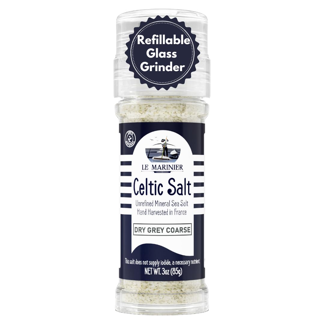 Le Marinier salt grinder bottle shows refillable glass container with coarse finish for finishing dishes