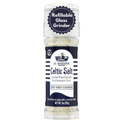 Le Marinier salt grinder bottle shows refillable glass container with coarse finish for finishing dishes