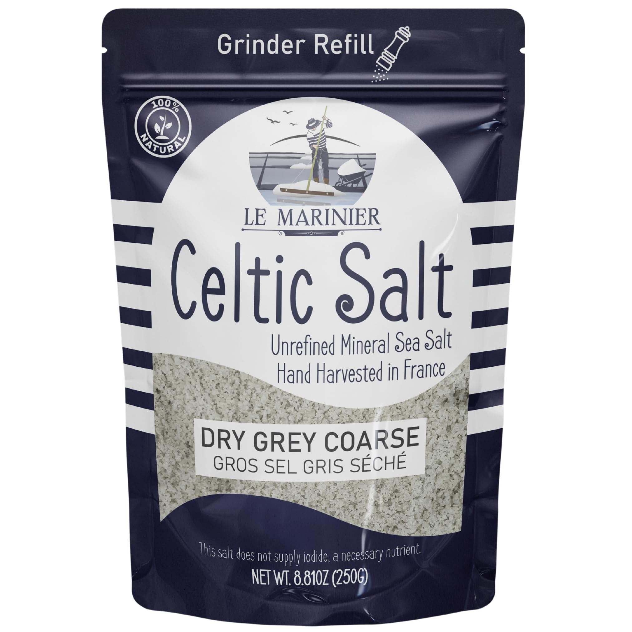 Le Marinier dry grey coarse sea salt crystals ideal for grinder finishing.