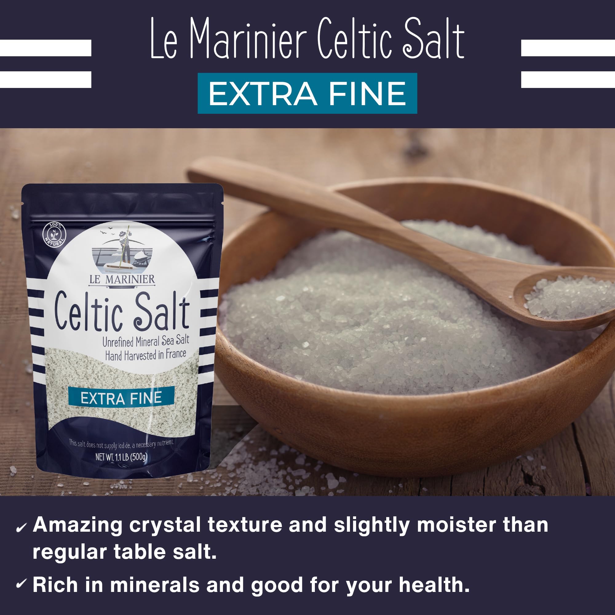 LE MARINIER extra fine salt texture detail emphasizes fine, even sprinkling