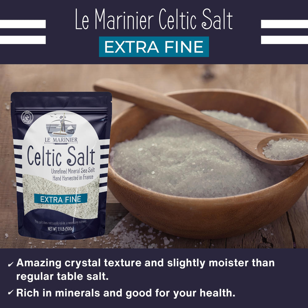 LE MARINIER extra fine salt texture detail emphasizes fine, even sprinkling