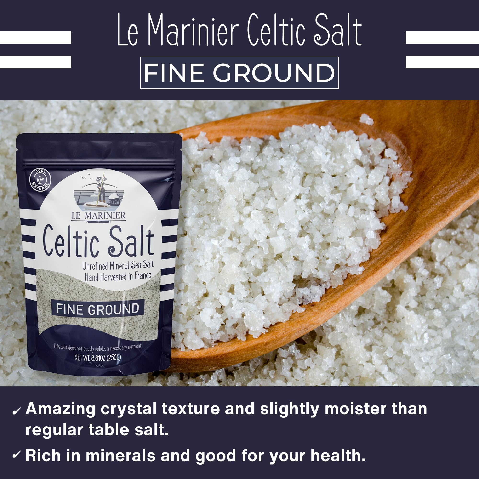Le Marinier sea salt in a glass jar for home cooking