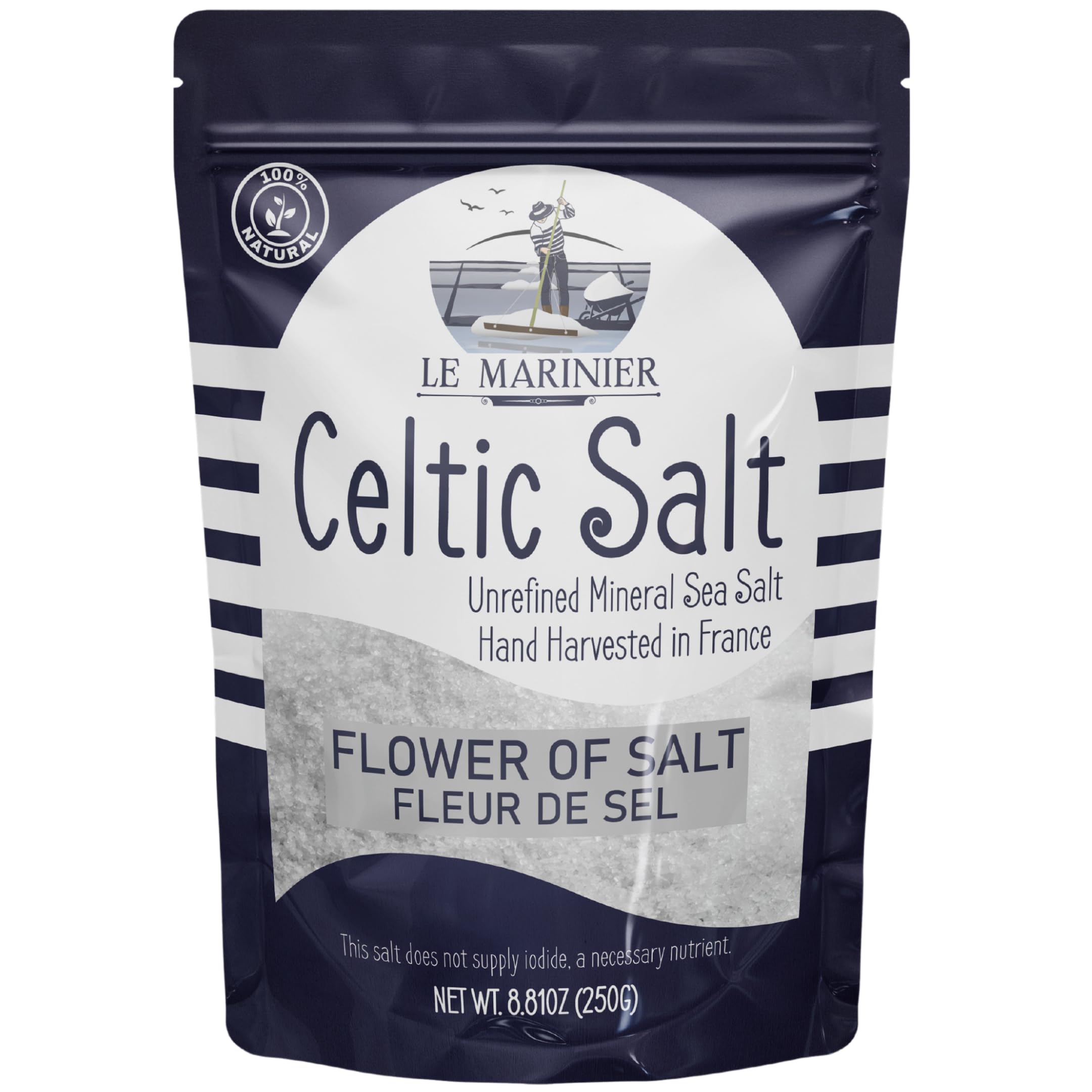 Le Marinier Fleur de Sel jar shows premium finishing salt for refined dishes