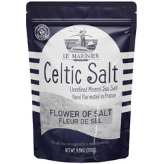 Le Marinier Fleur de Sel jar shows premium finishing salt for refined dishes