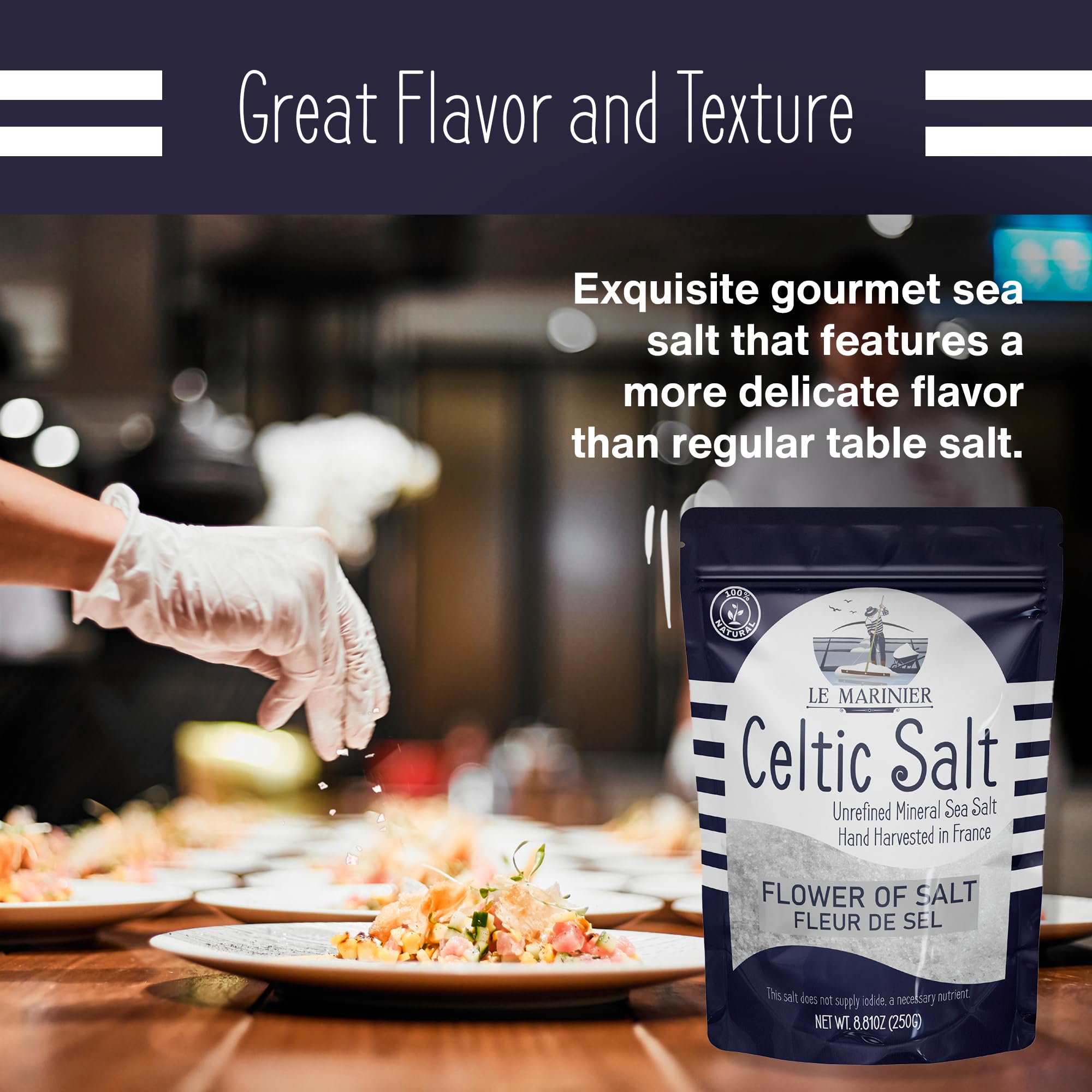 Le Marinier Fleur de Sel finishing salt on a prepared dish