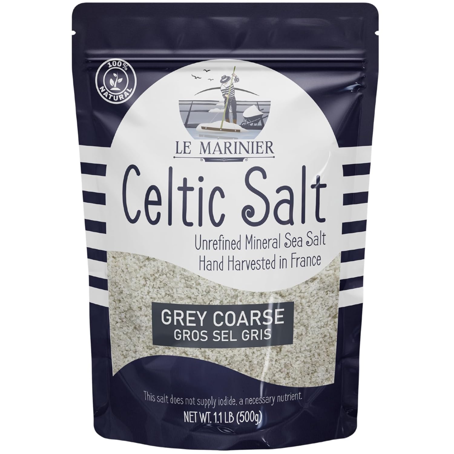 Le Marinier Grey Coarse Salt bottle shows premium mineral crystals for finishing dishes.
