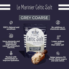 Le Marinier Grey coarse salt texture finish highlights finishing salt for meats and vegetables.