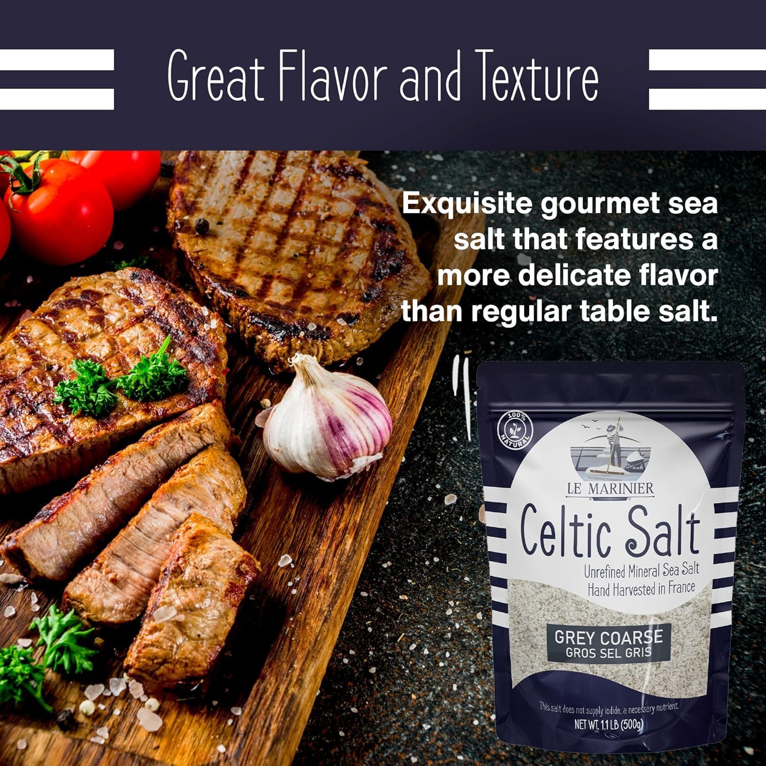 Cooking with Le Marinier salt illustration shows versatile use in meat, fish, and vegetables.