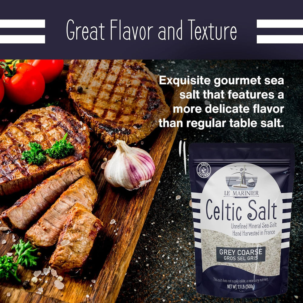 Cooking with Le Marinier salt illustration shows versatile use in meat, fish, and vegetables.