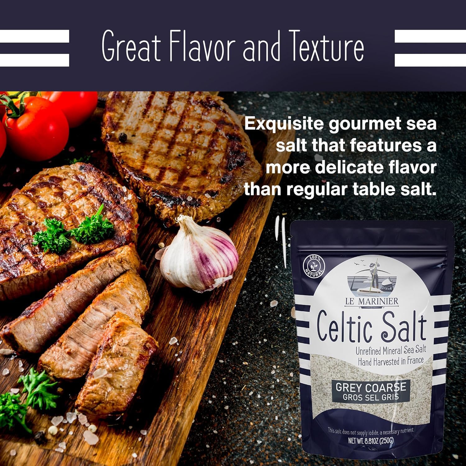 Le Marinier salt on a grilled steak for enhanced savory depth.