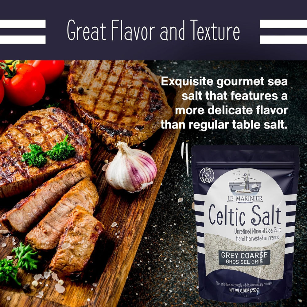 Le Marinier salt on a grilled steak for enhanced savory depth.
