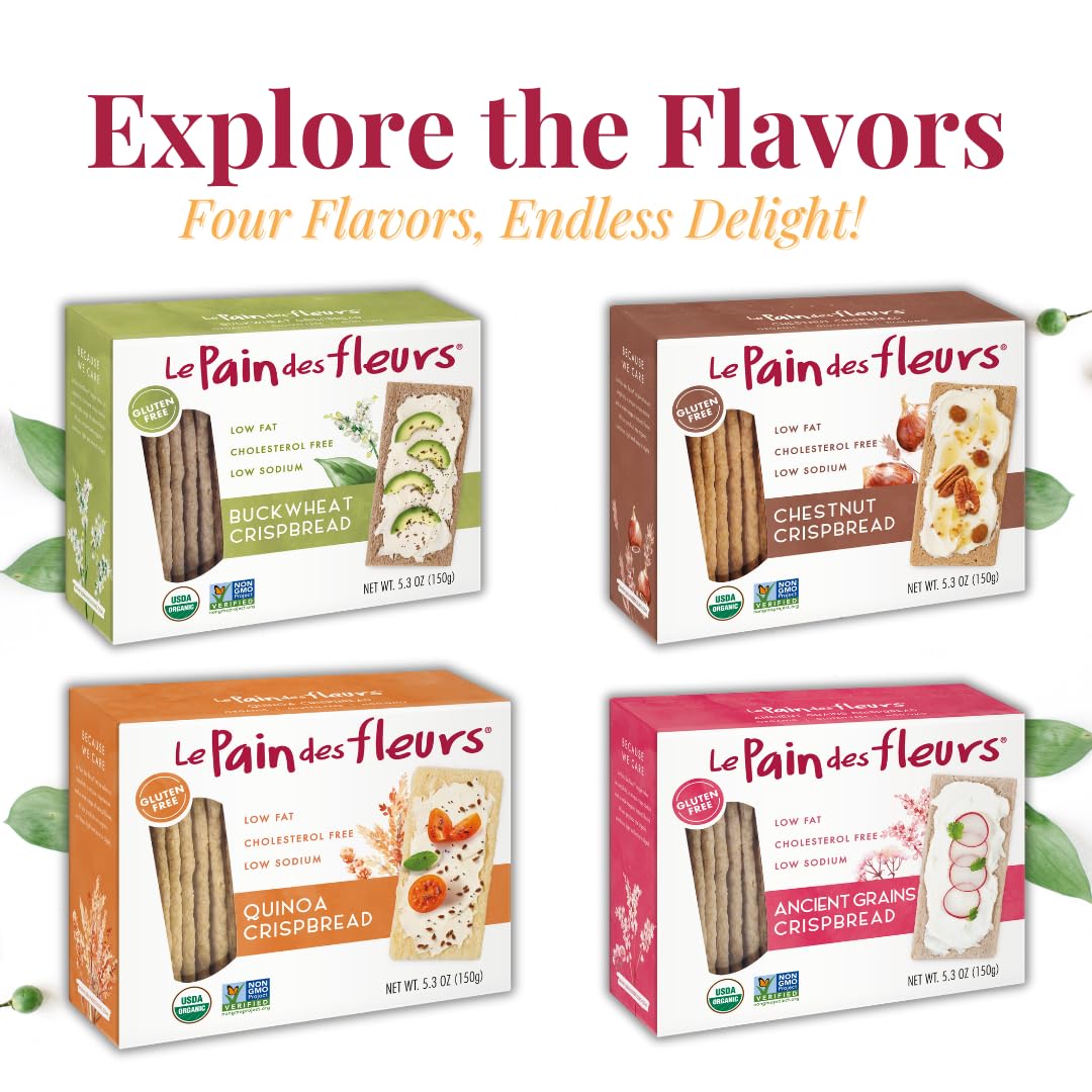 Le Pain des Fleurs Buckwheat Crispbread snack plate with toppings shows versatility.