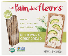 Le Pain des Fleurs buckwheat crispbread in package, highlighting gluten-free and organic qualities.