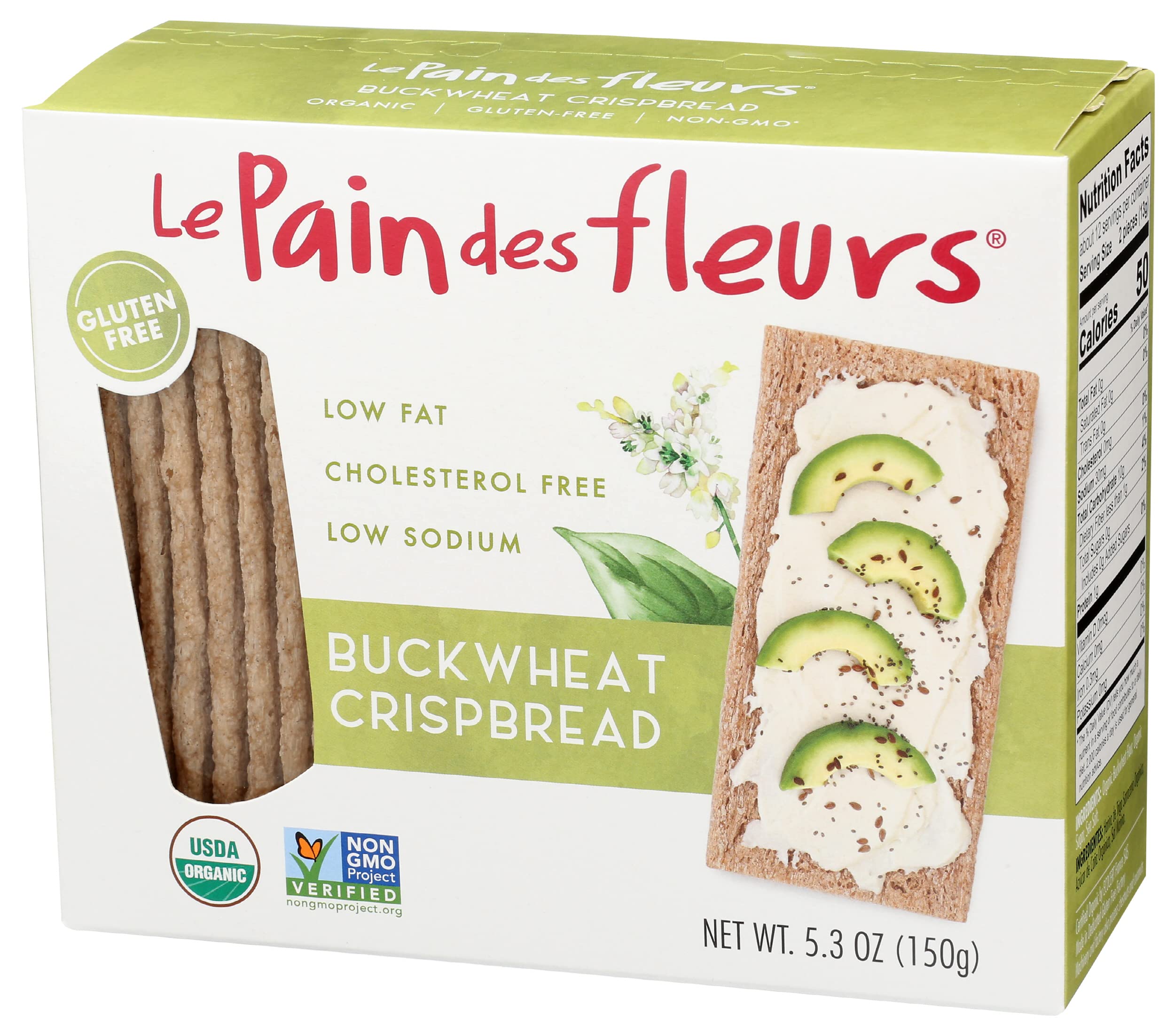 Le Pain des Fleurs crispbread ingredients list showing 3 ingredients and clean label.