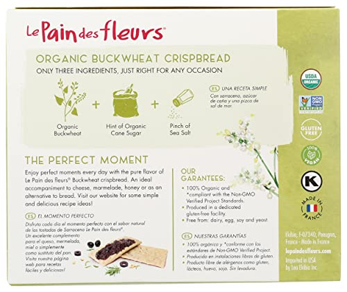 Le Pain des Fleurs organic buckwheat crispbread on wooden surface, natural and wholesome.
