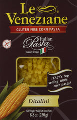 Le Veneziane corn pasta ditalini plated with sauce, gluten-free option for meals.