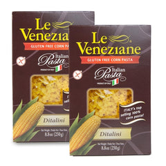 Le Veneziane gluten-free ditalini pasta pack, ready to cook for quick, gluten-free meals.