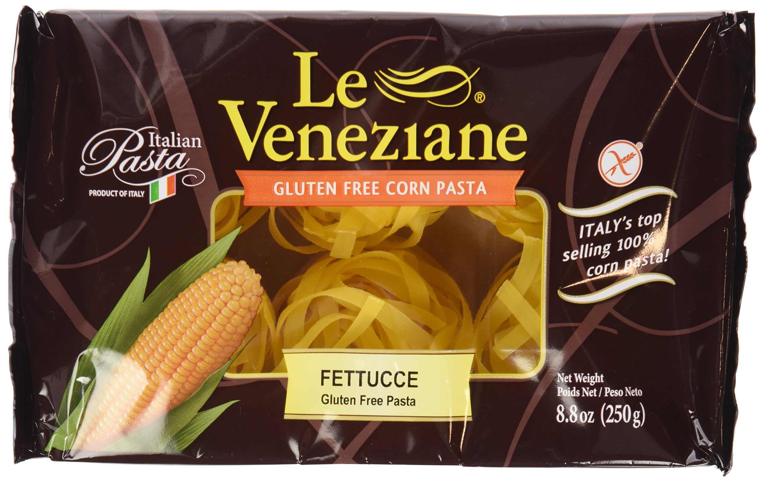 Le Veneziane Fettucee packaging on shelf highlighting Italian quality and gluten-free promise.