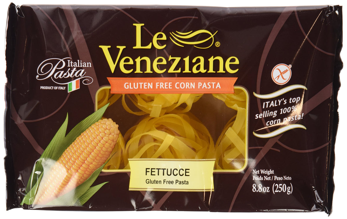 Le Veneziane Fettucee packaging on shelf highlighting Italian quality and gluten-free promise.