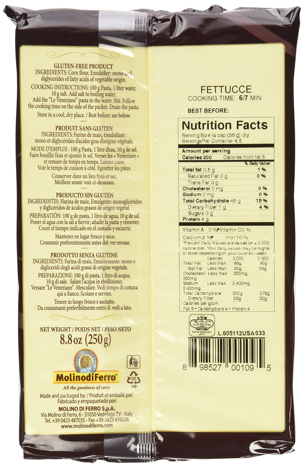 Le Veneziane Fettucee raw corn flour highlights 100% Italian corn.
