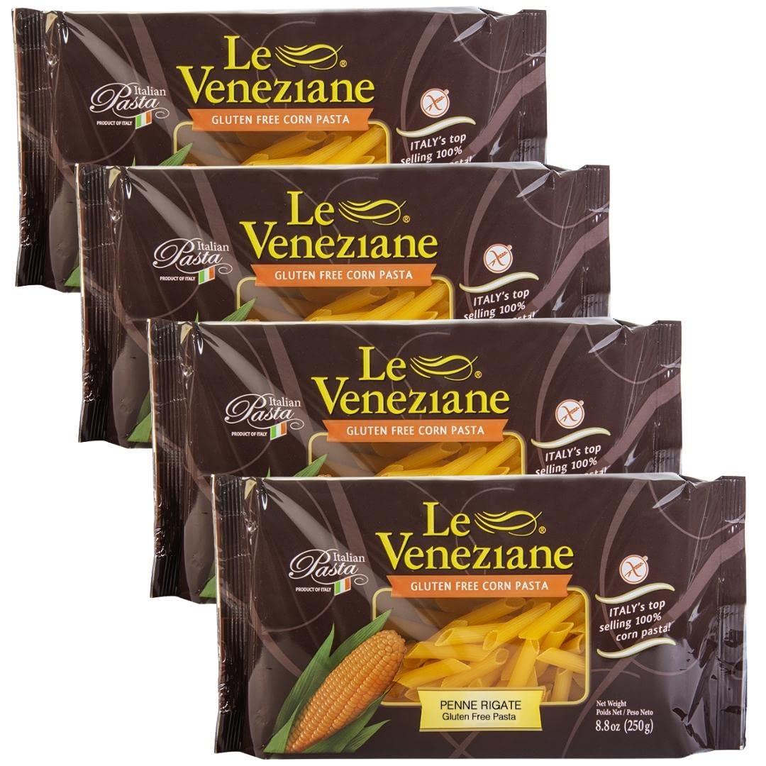 Le Veneziane gluten-free penne rigate pasta 4-pack, ideal for quick, sauce-friendly meals.