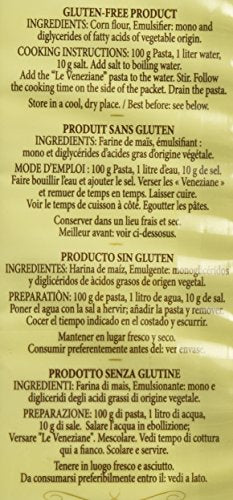 Le Veneziane gluten-free fusilli packaging close-up showing four 8.8 oz packs