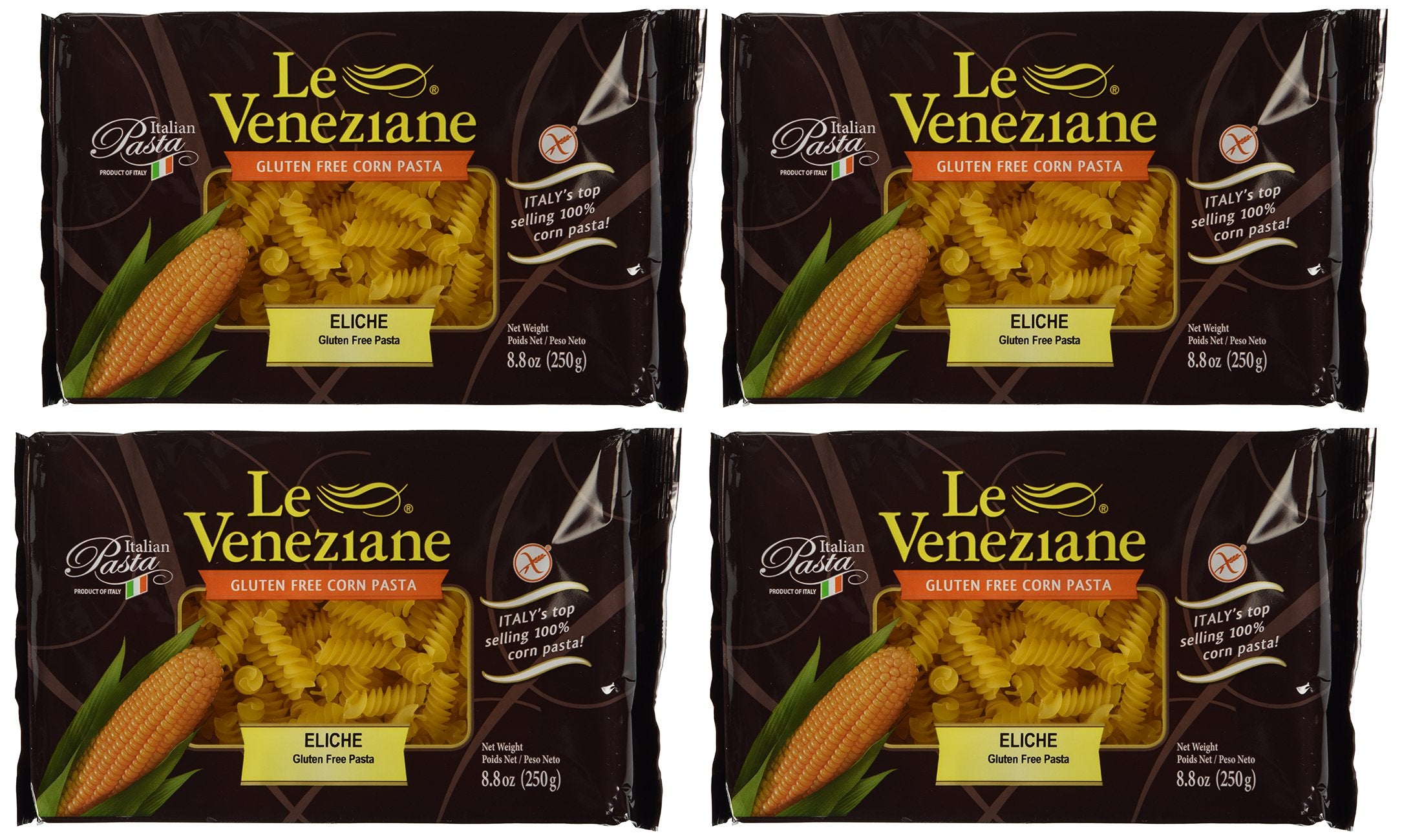Le Veneziane gluten-free fusilli uncooked spools on a wooden board, ready to boil