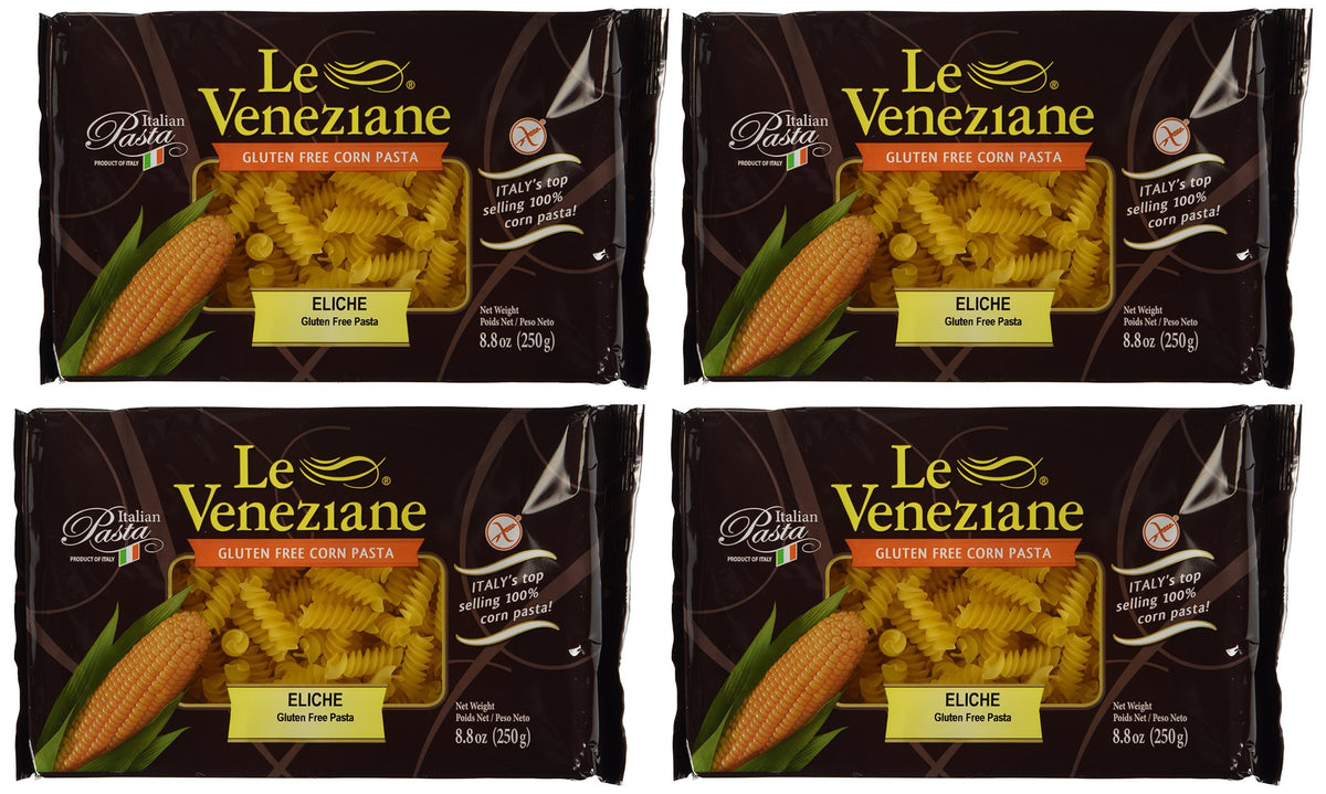Le Veneziane gluten-free fusilli uncooked spools on a wooden board, ready to boil