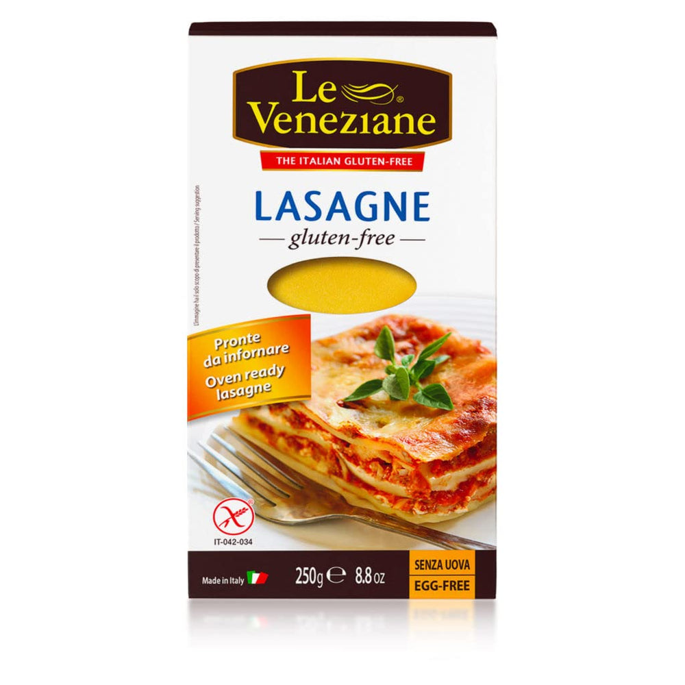 Le Veneziane lasagna corn and rice pasta package, gluten-free option for meals.