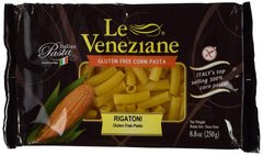 Le Veneziane gluten-free rigatoni pasta in a four-pack, ready for hearty sauces.