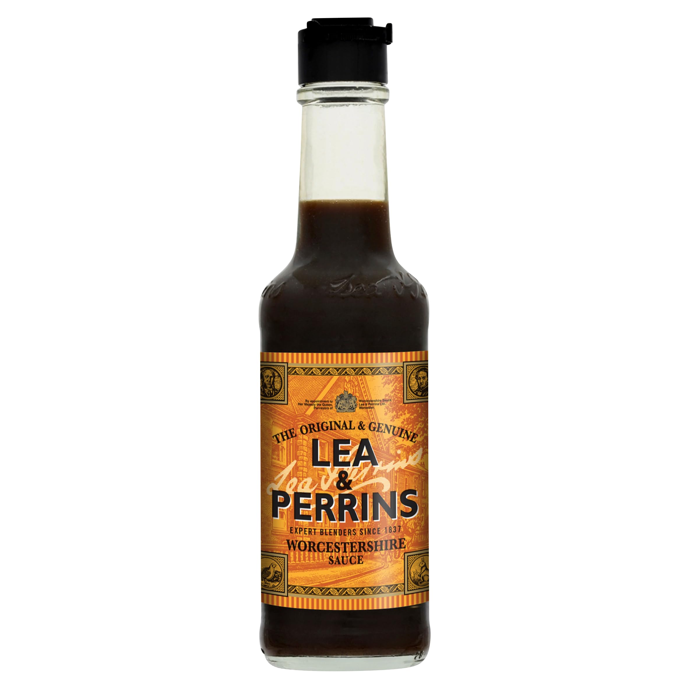 Lea & Perrins Worcestershire Sauce bottle on shelf enhances savory flavor.