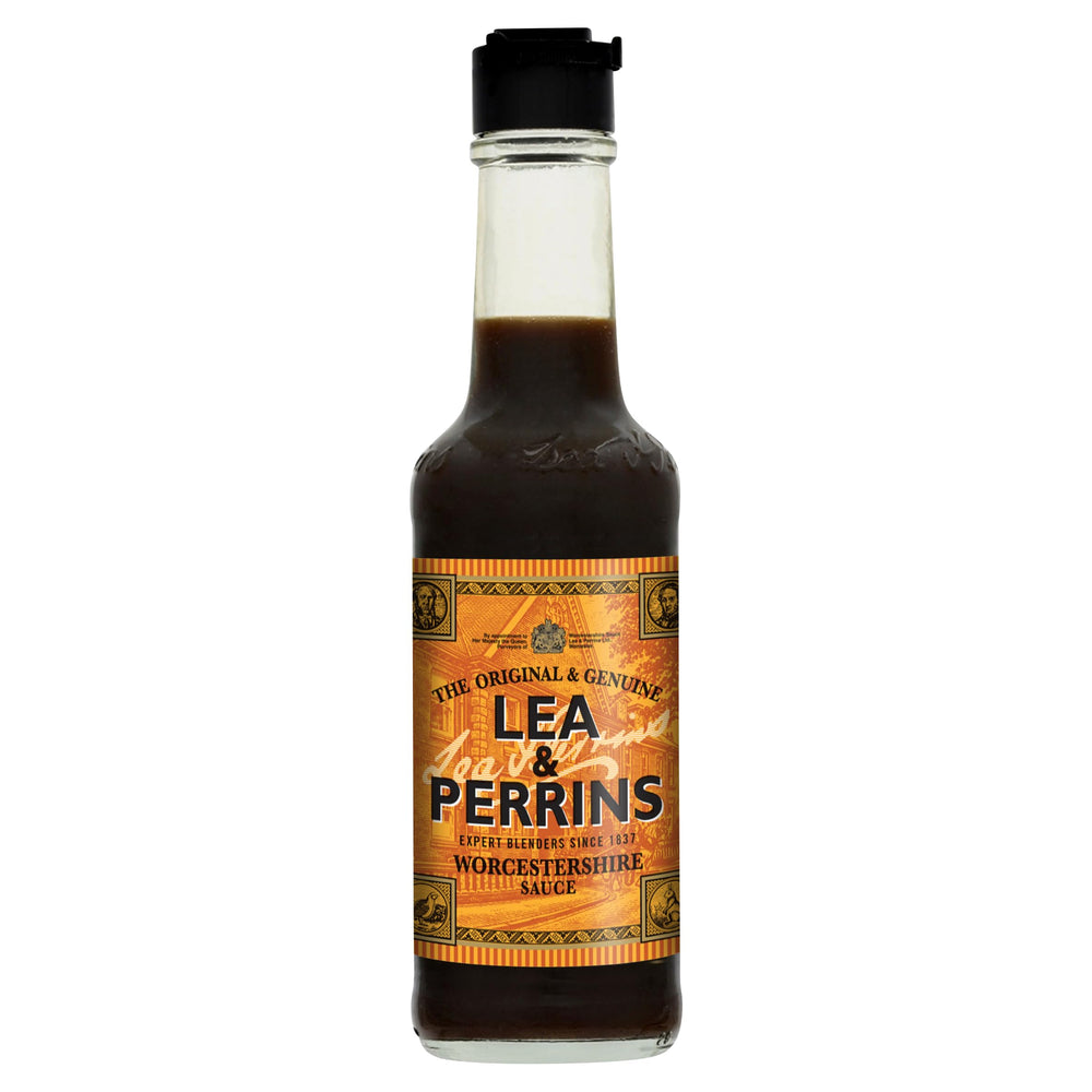Lea & Perrins Worcestershire Sauce bottle on shelf enhances savory flavor.