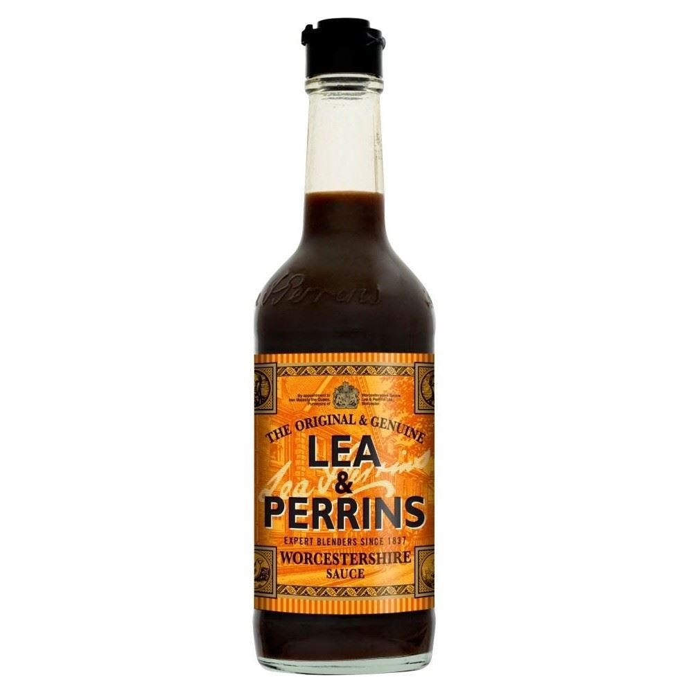 Lea & Perrins Worcestershire Sauce bottle pouring, enhances marinades with rich umami.