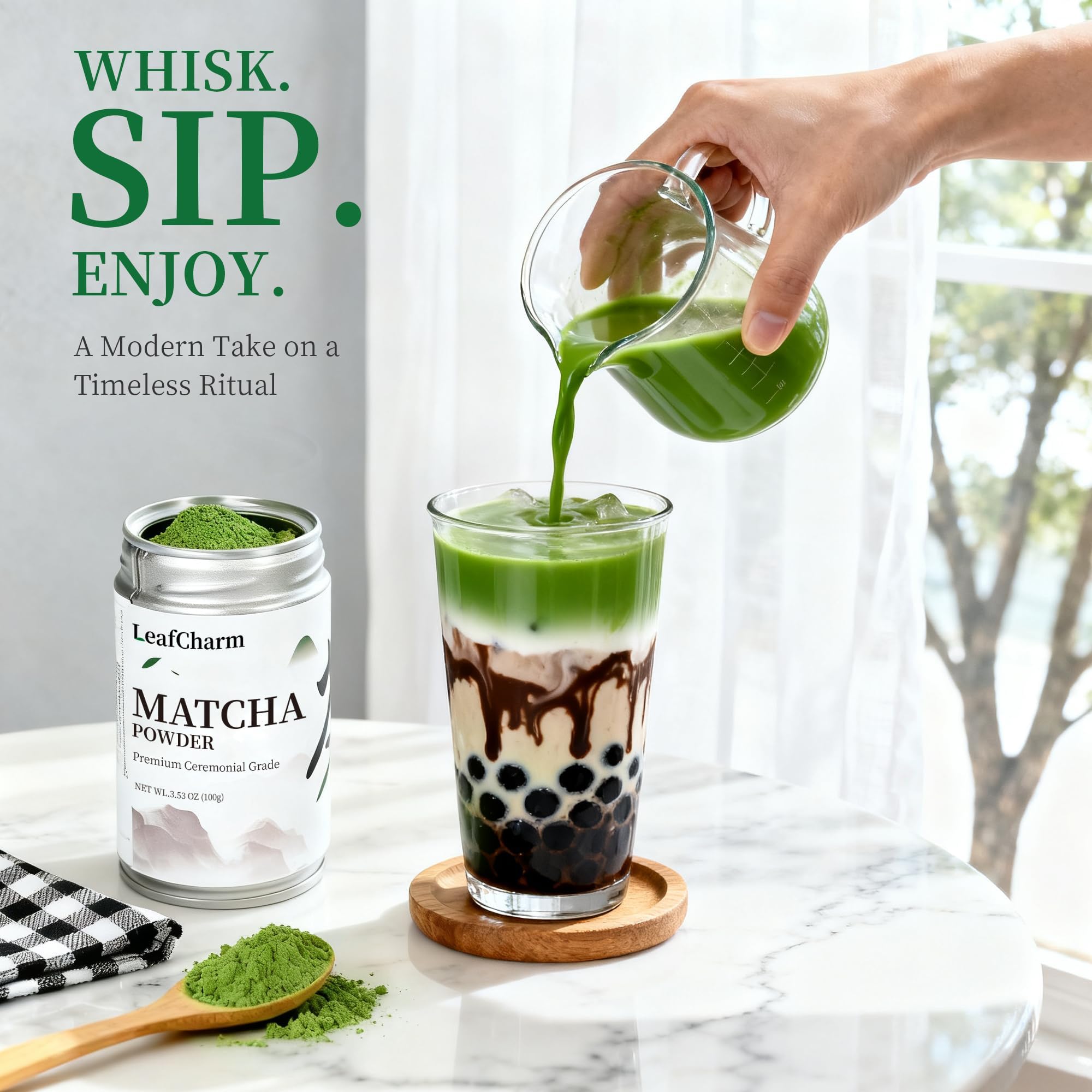 LeafCharm measuring scoop beside matcha for rituals