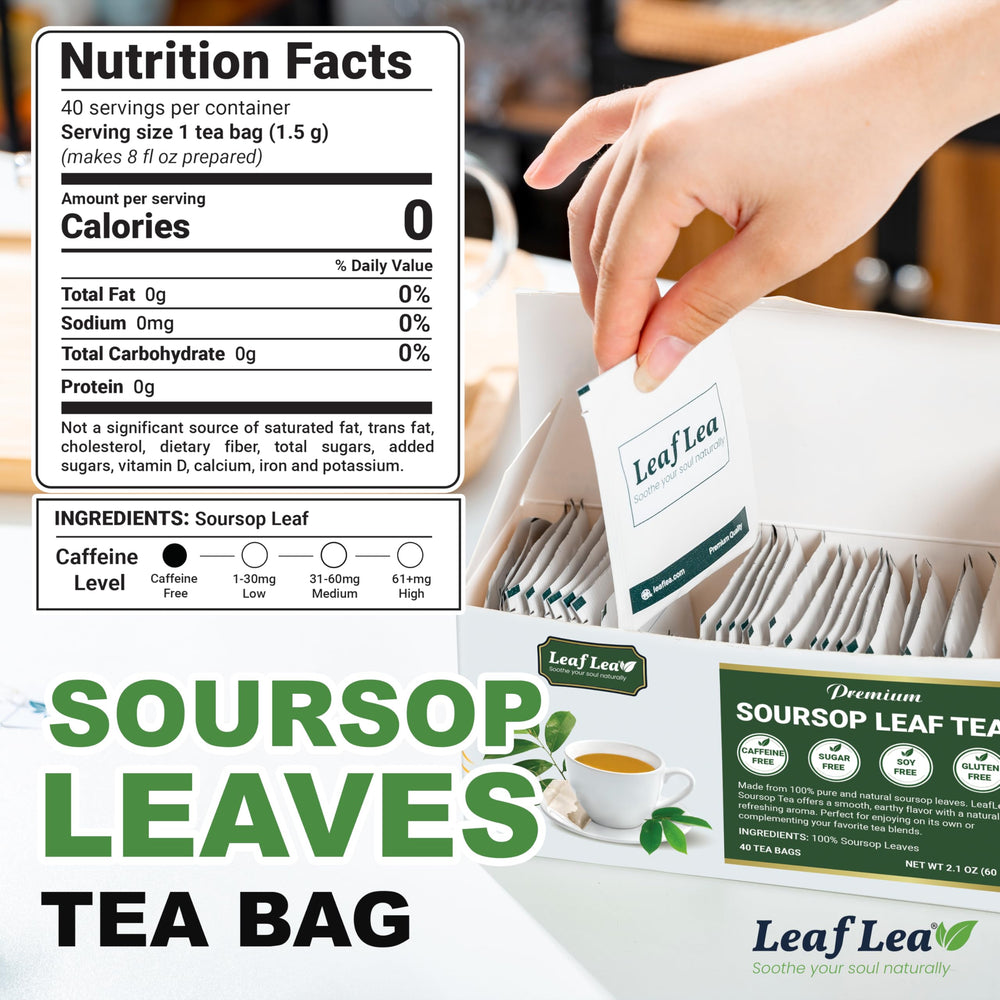 LeafLea 160 Premium Soursop Tea Bag highlighting pure flavor for daily relaxation.