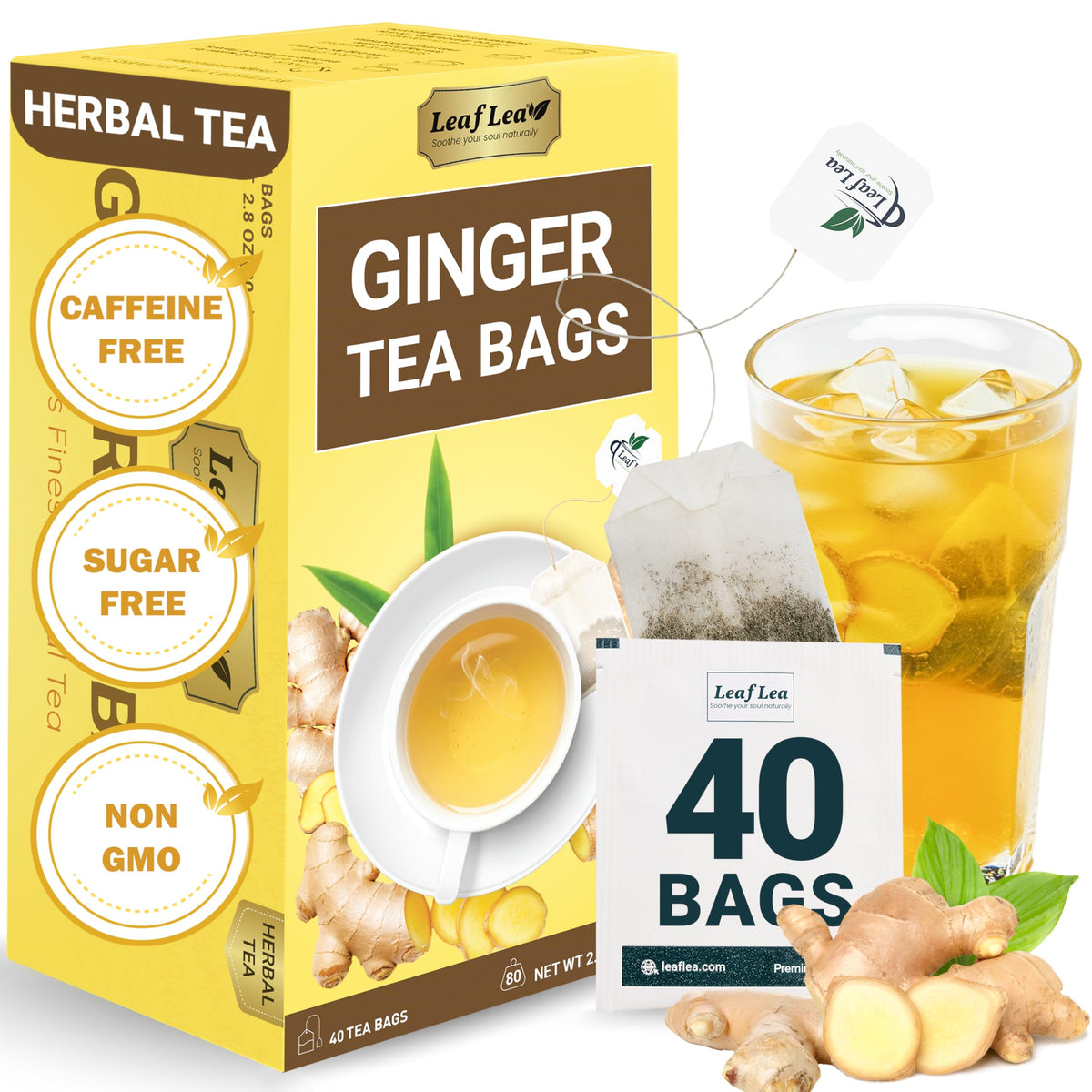 LeafLea 40 Ginger Tea bags in an elegant box for freshness