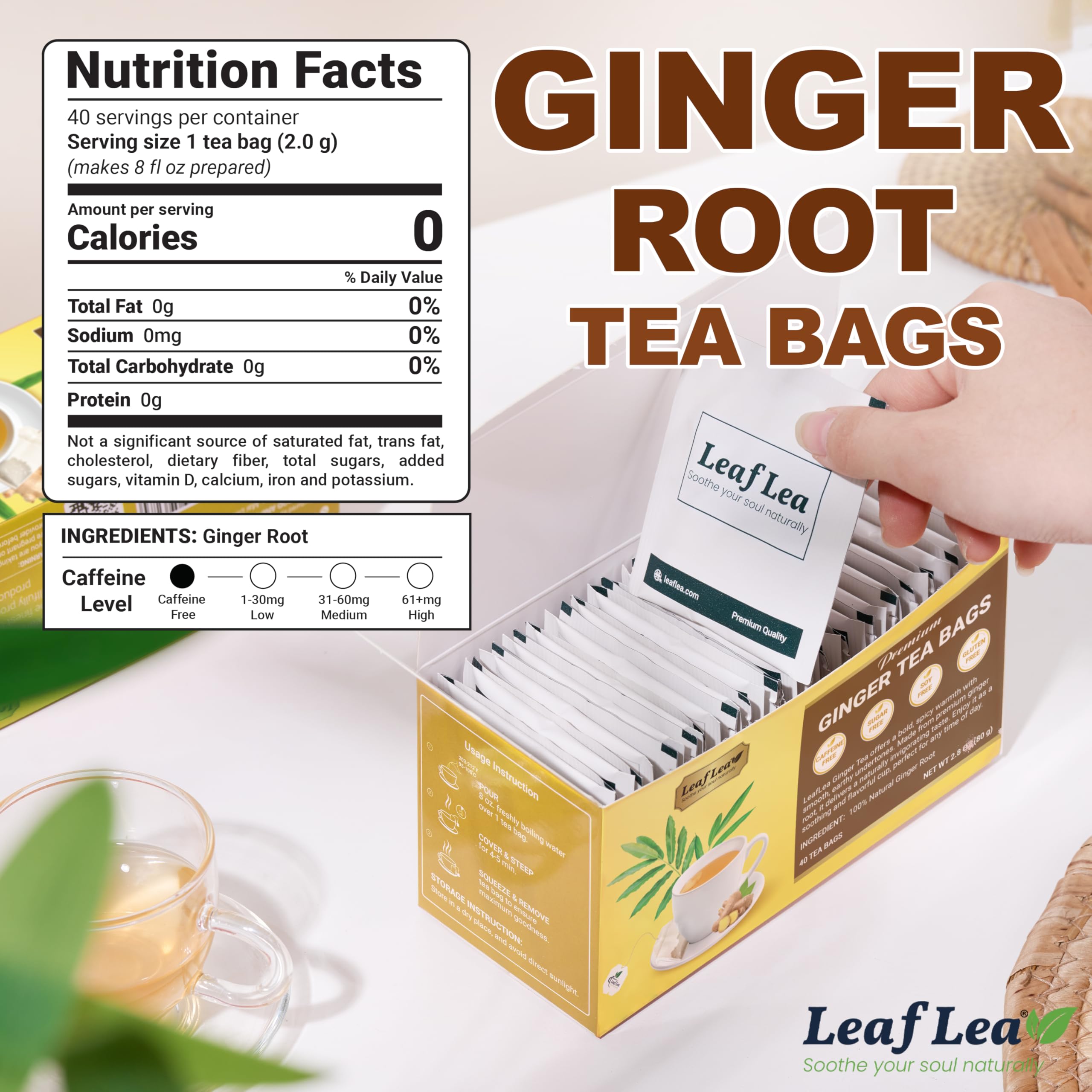 LeafLea ginger root tea close-up, showing 100% ginger quality and aroma