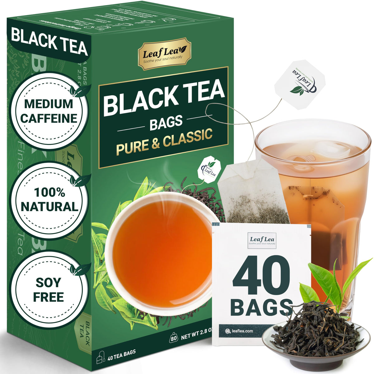 LeafLea box of black tea on shelf ready for daily ritual.