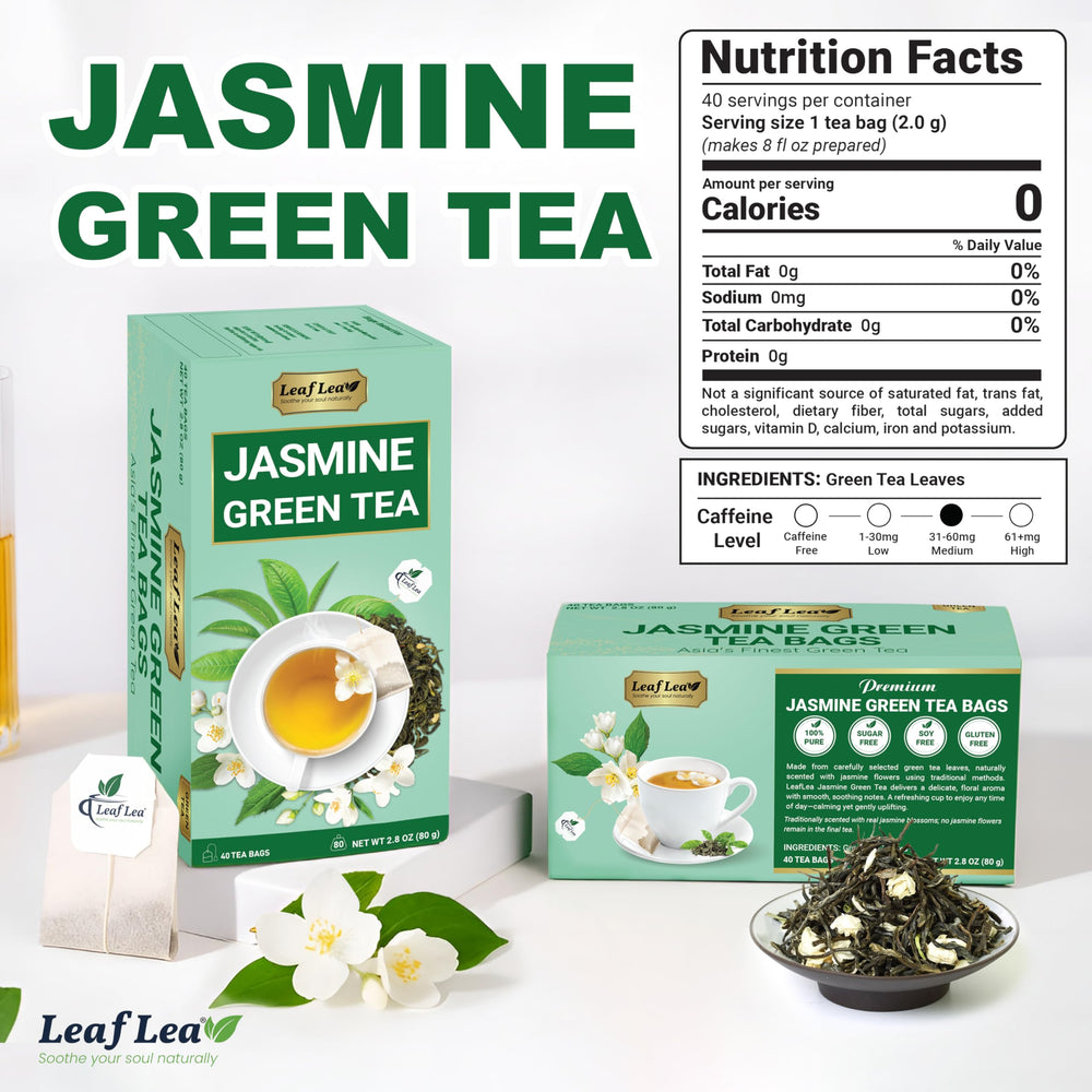 LeafLea brew of jasmine-green tea with a mellow flavor and floral aroma