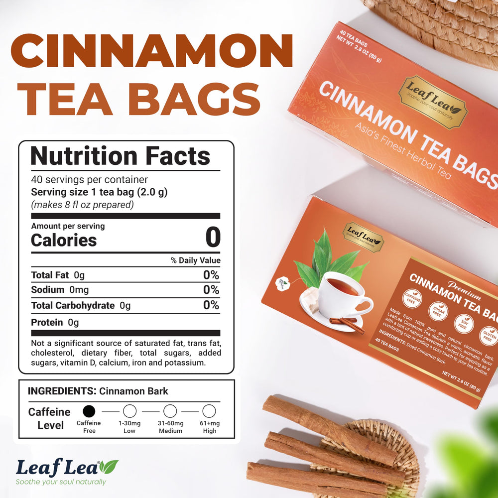 LeafLea cinnamon tea bag closeup emphasizing natural aroma and spice