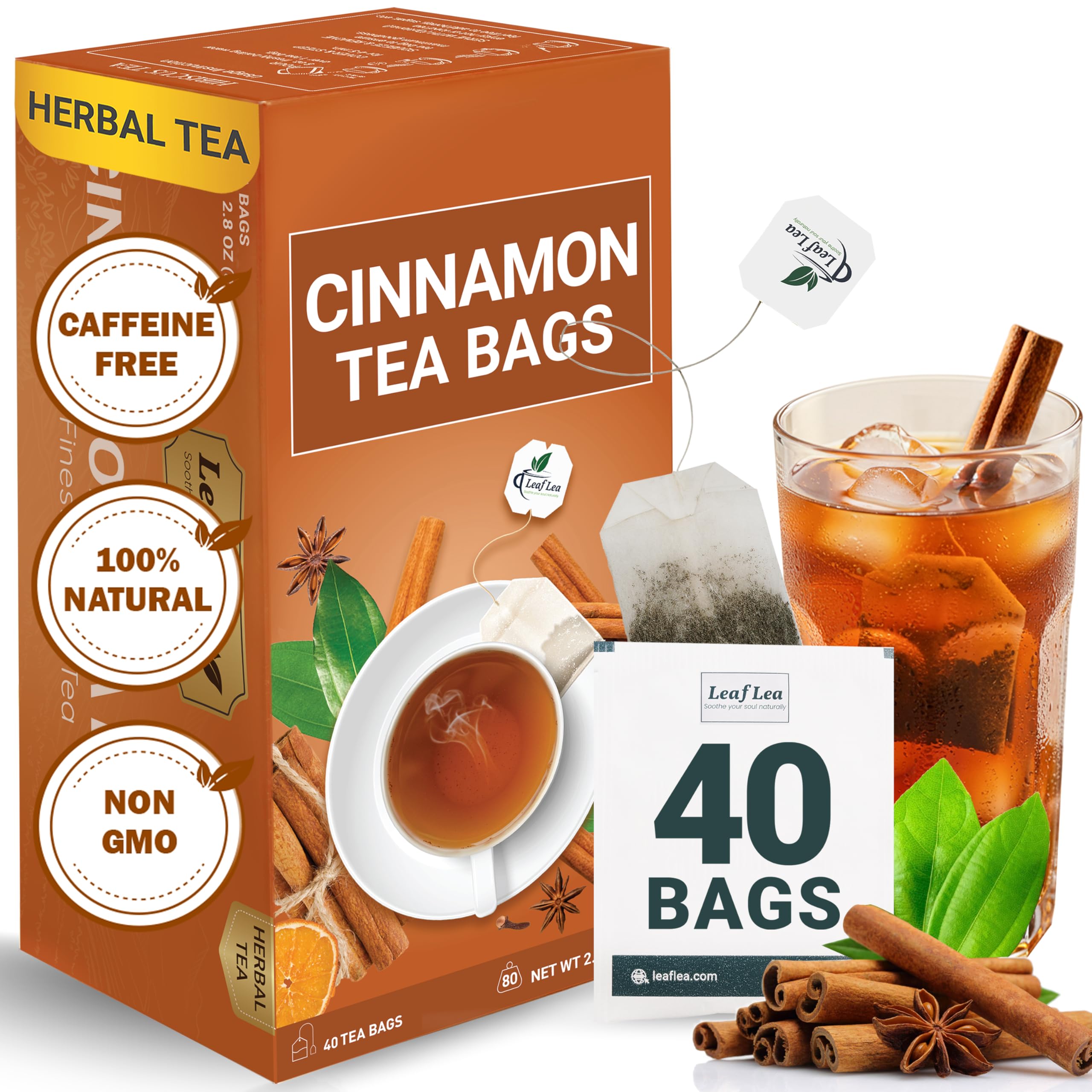 LeafLea cinnamon tea bag packaging highlighting sustainable, gift-ready presentation