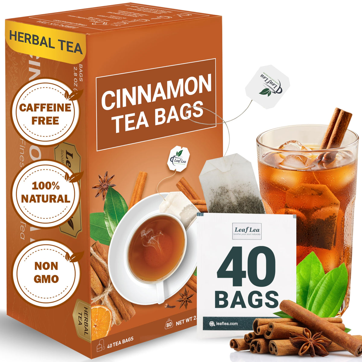 LeafLea cinnamon tea bag packaging highlighting sustainable, gift-ready presentation