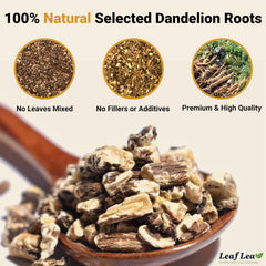LeafLea dandelion tea bag close-up highlighting natural roots and pure flavor.