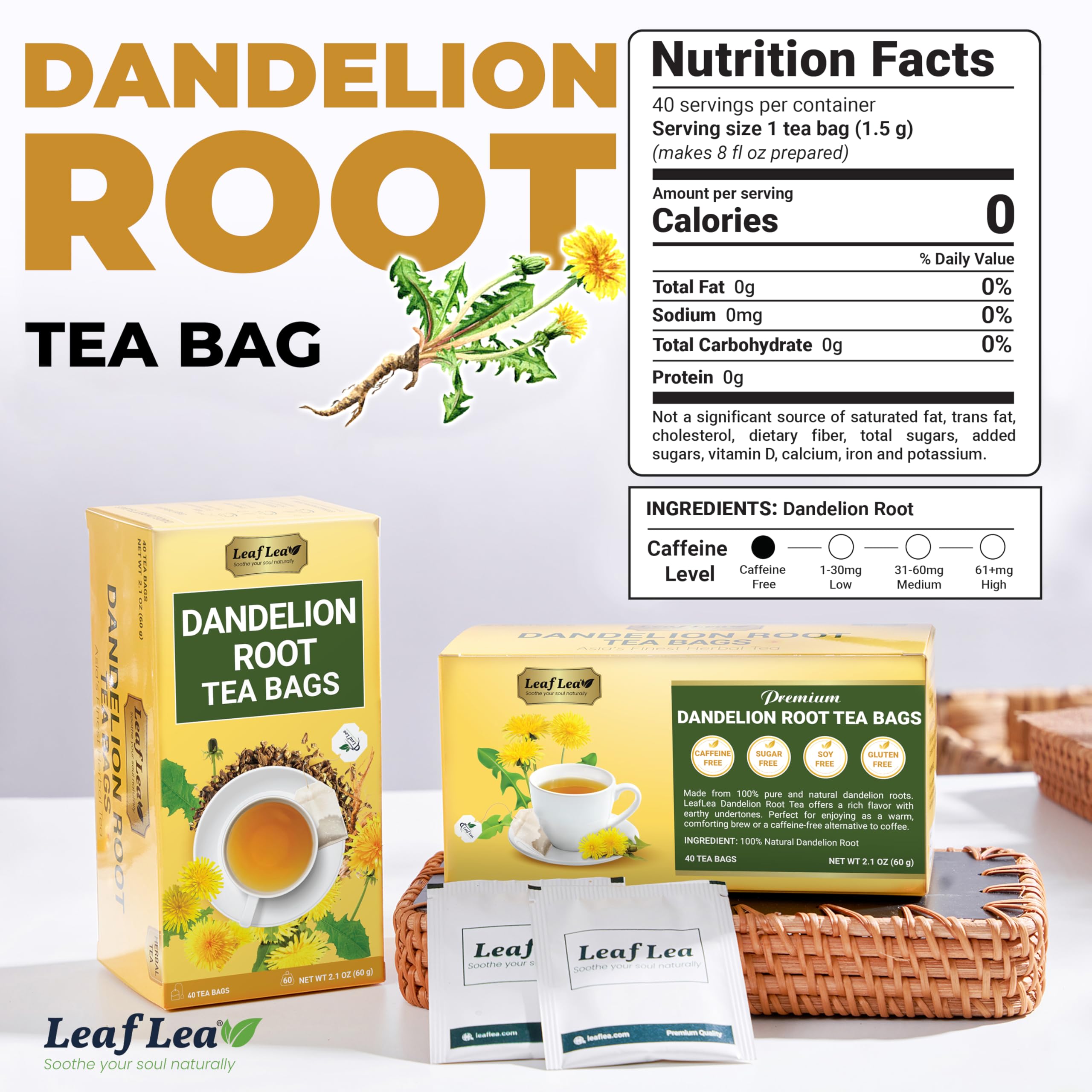 LeafLea dandelion tea bags individually wrapped for freshness and on-the-go brewing.