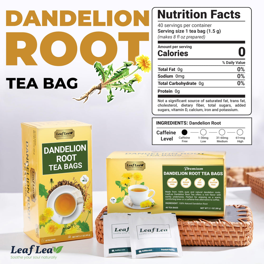 LeafLea dandelion tea bags individually wrapped for freshness and on-the-go brewing.