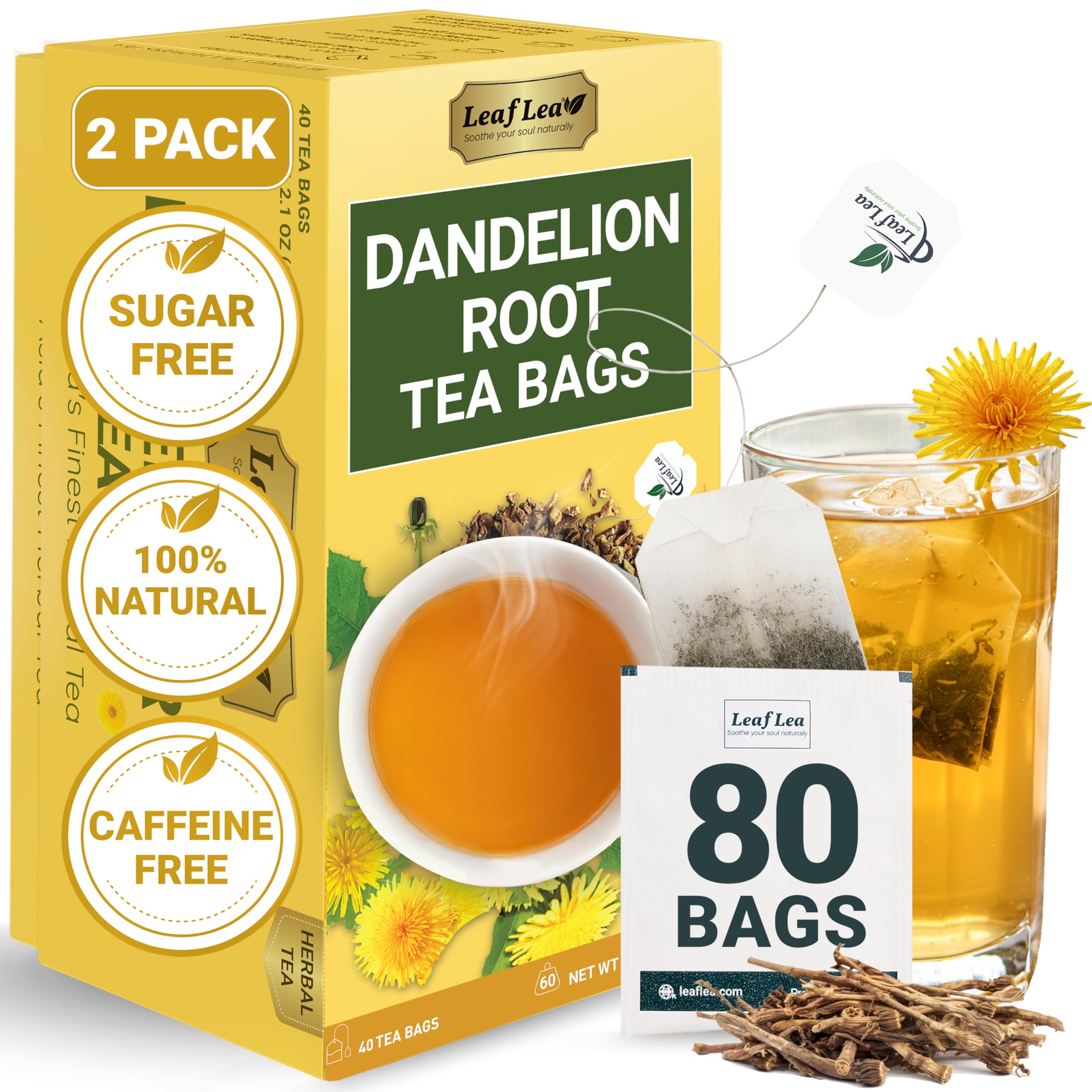 LeafLea dandelion tea bags in stylish packaging for fresh, convenient tea moments.
