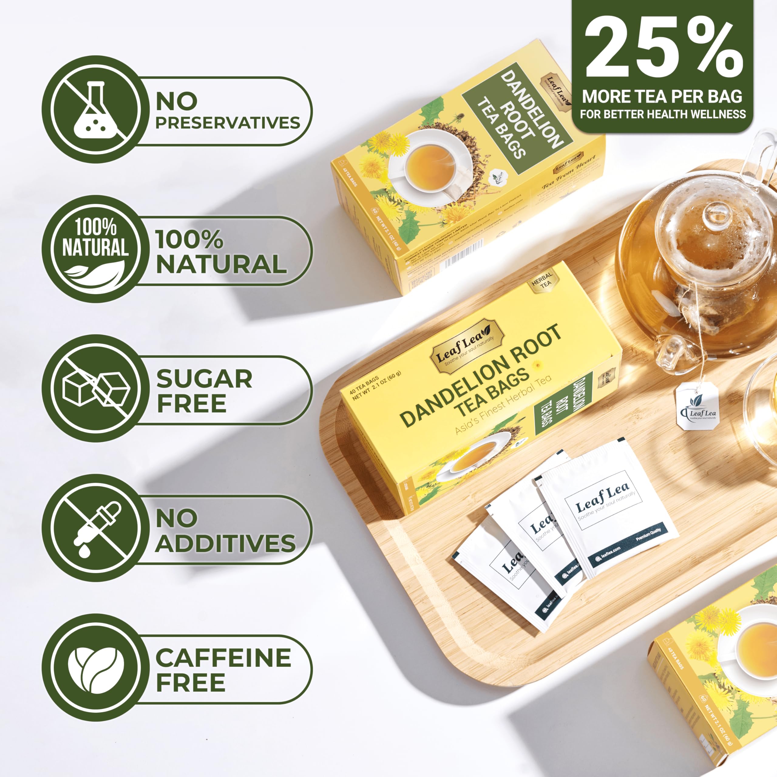 LeafLea dandelion tea bags two-pack box showcased for gifting or daily use.