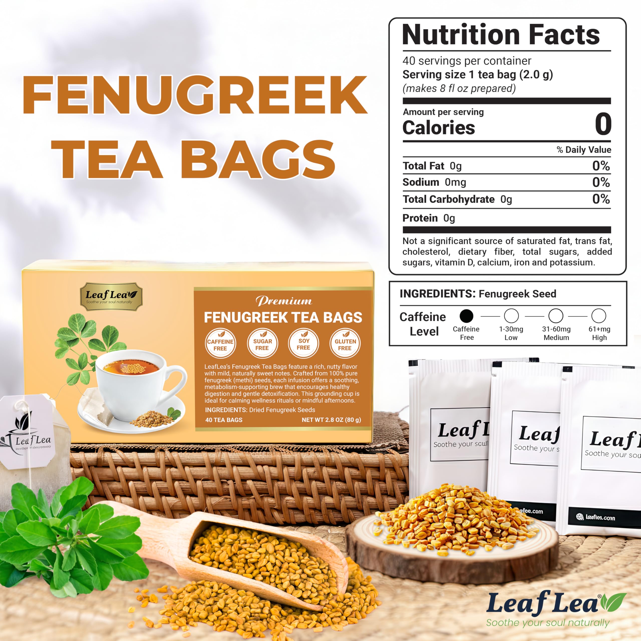LeafLea fenugreek seeds close-up shows pure ingredient for tasteful infusion.